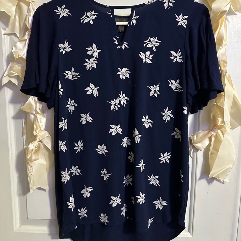 Mi Navy Blouse with White Floral Design